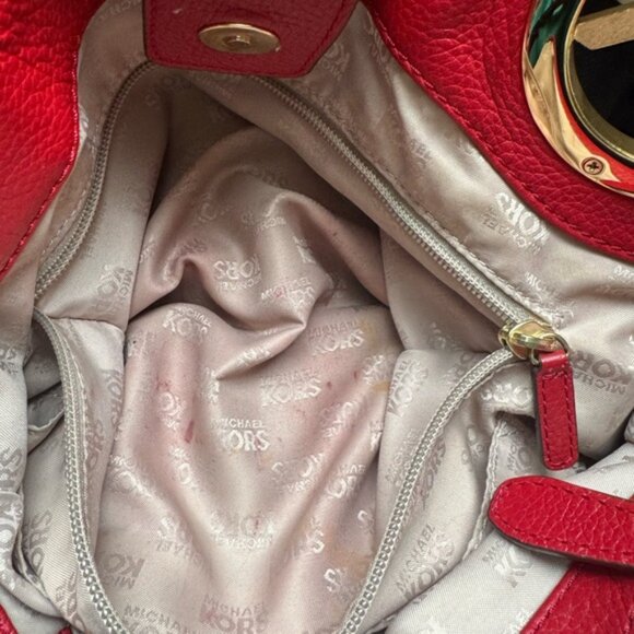 Michael Kors Leather Fulton East West Shoulder Tote Bag Satchel Compartments Red - Picture 11 of 16